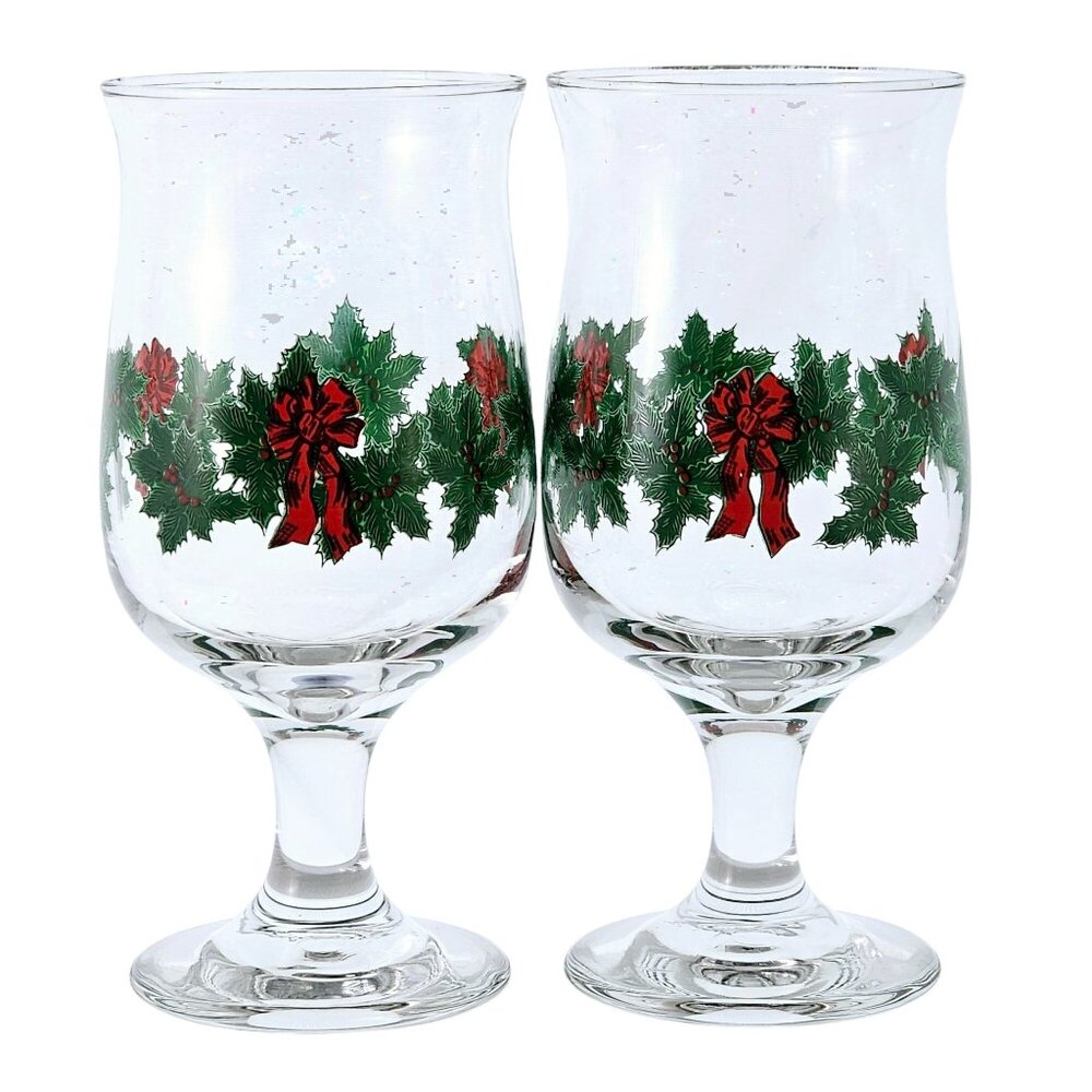 Libbey Christmas Holly Red Bows Water Wine Glasses 6.25" set/2 fluffy greenery - Picture 2 of 9